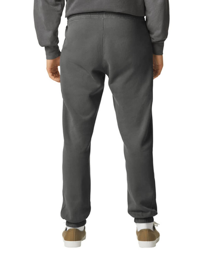 Lightweight grey sweatpants with an elastic waistband and cuffs, featuring a branding logo on the back.