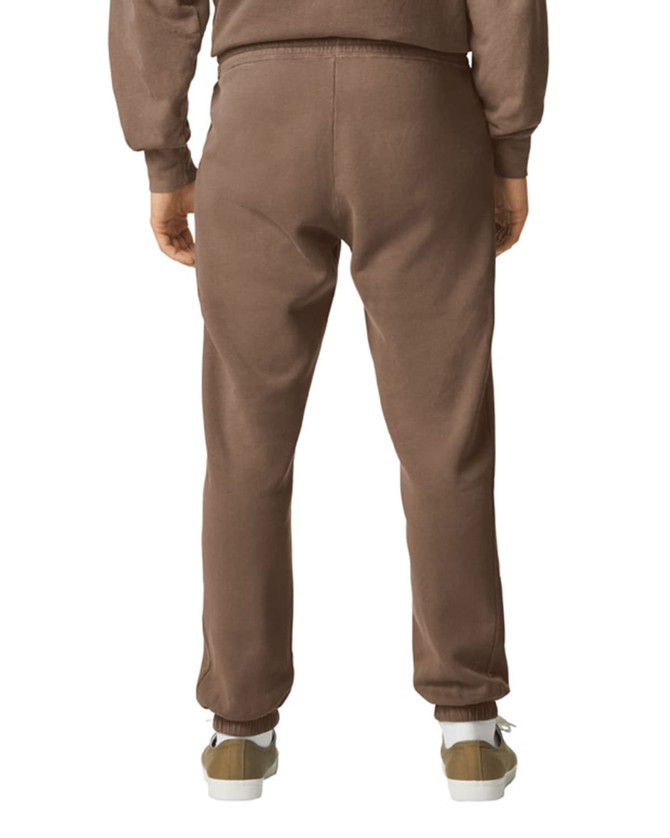 Brown lightweight sweatpants featuring an elastic waistband and tapered legs, displayed from the back view.