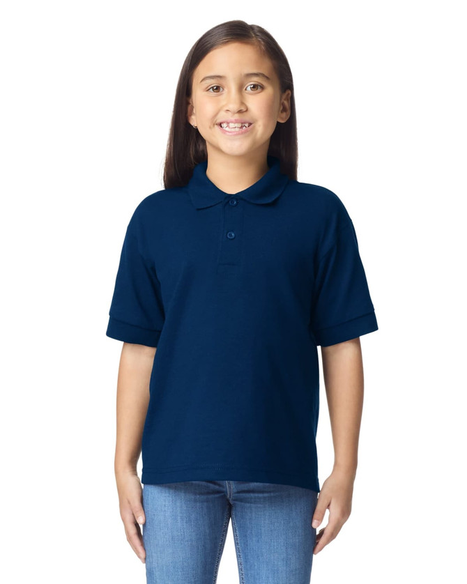 A navy blue youth polo shirt featuring a collar and short sleeves, with a logo on the front.