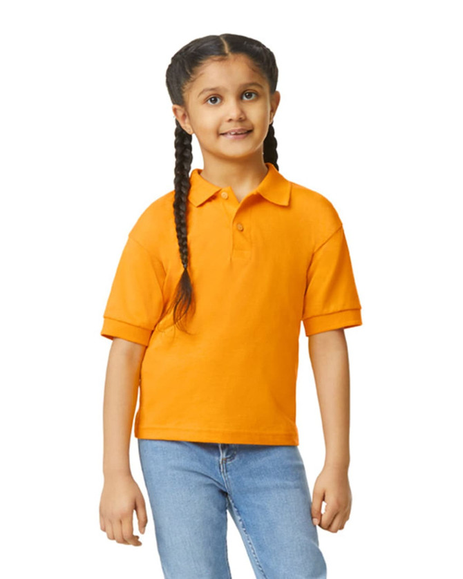 An orange youth polo shirt with short sleeves, featuring a collar and two buttons, accompanied by a logo.
