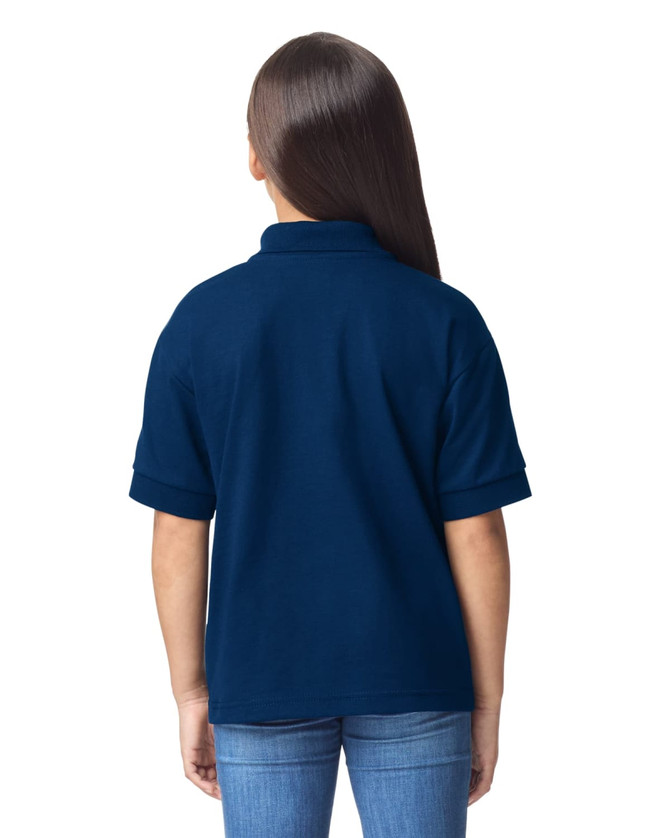 A navy blue youth polo shirt with short sleeves, featuring a collar and a back view.