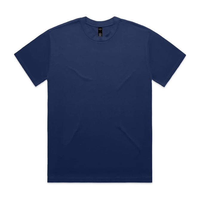A navy blue T-shirt with short sleeves and a round neckline. It features a small logo on the tag.