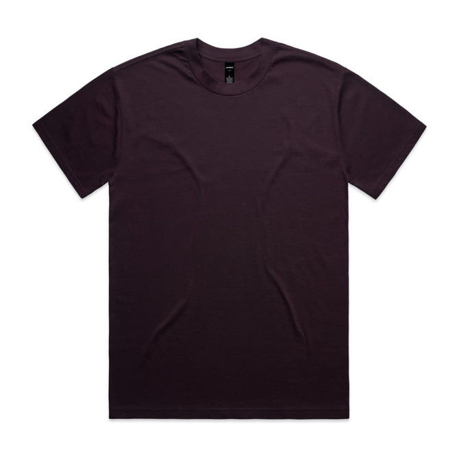 A dark purple t-shirt displayed flat, featuring a simple design and a label inside. The shirt has a relaxed fit.
