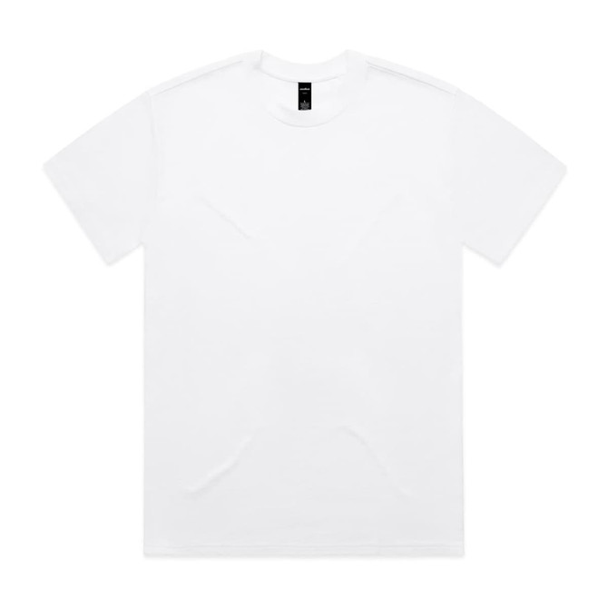 A plain white Heavy Tee t-shirt featuring a simple design and a logo on the label.