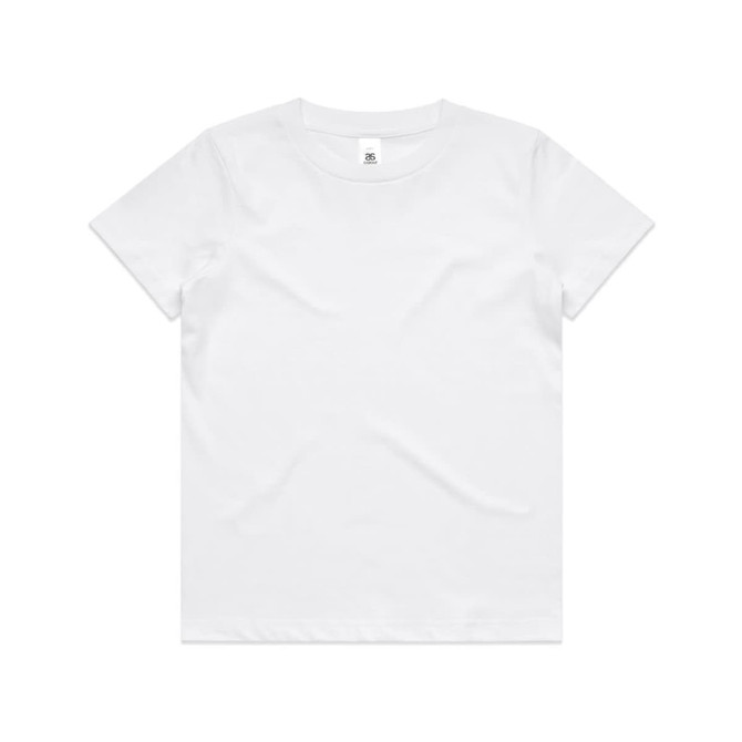 A white kids' staple tee shirt with a simple design and a logo on the label.