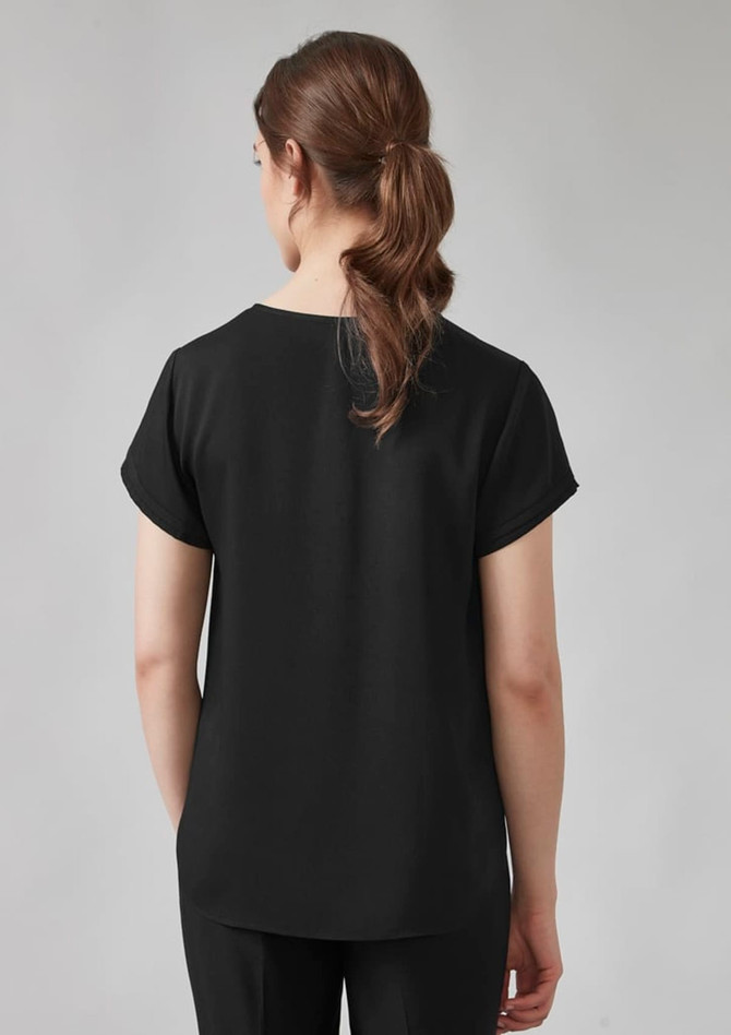 A black short sleeve blouse for women, featuring a simple design and clean lines at the back.