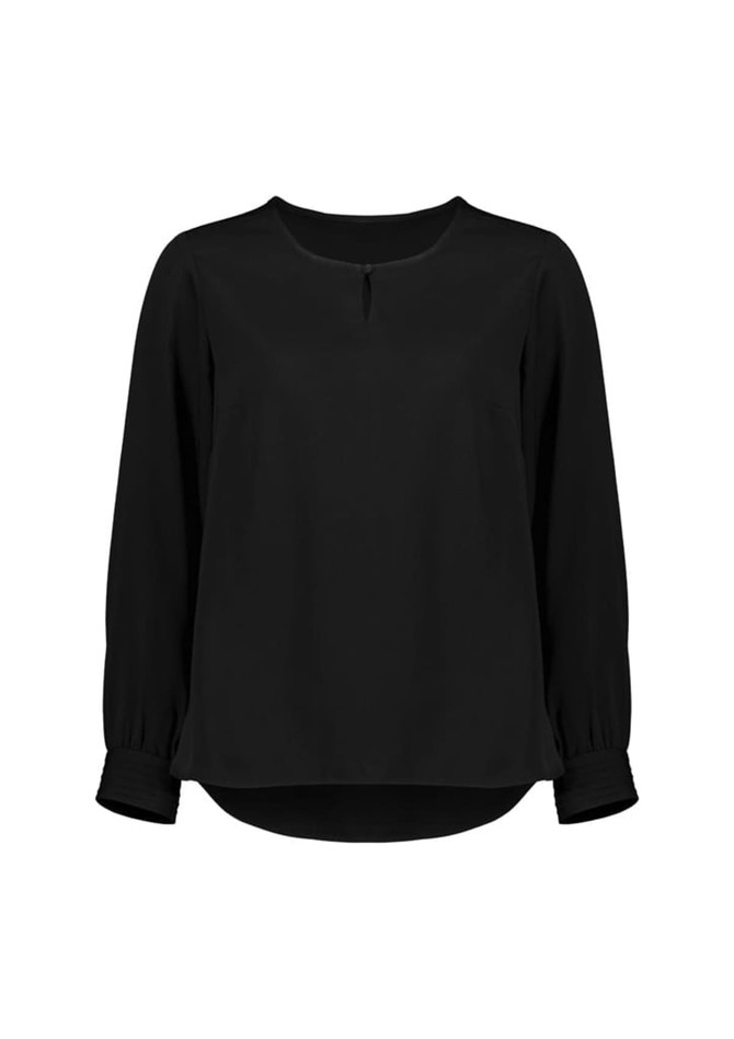 A black long sleeve blouse featuring a round neckline and gathered cuffs. It has a subtle keyhole detail at the front.