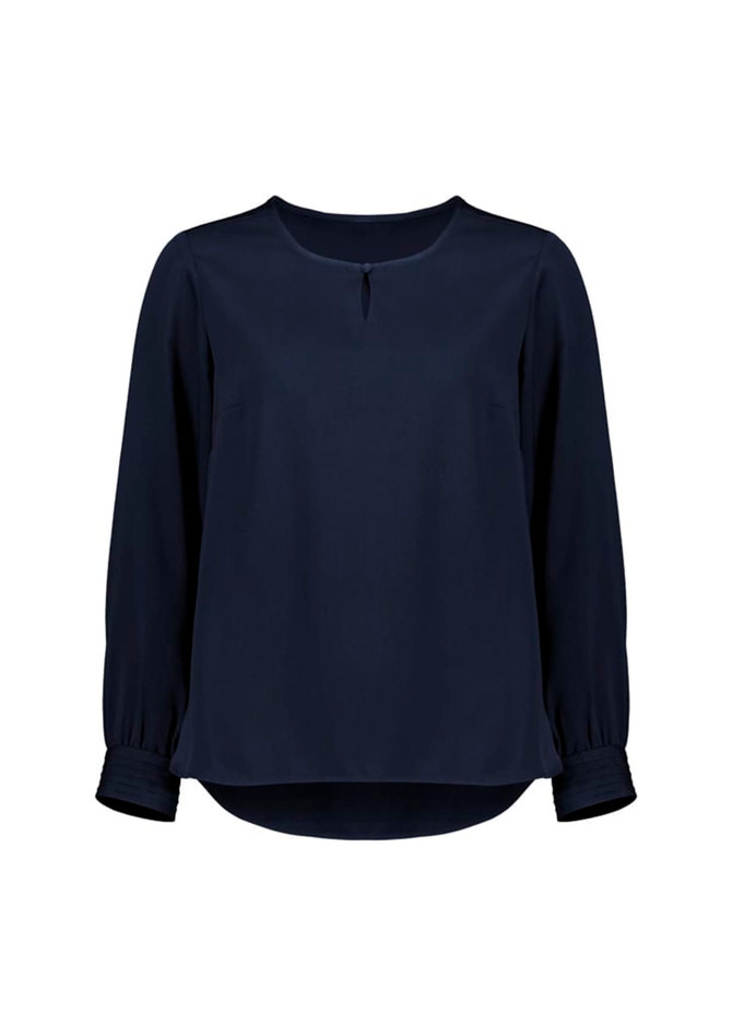 A navy blue long sleeve blouse with a round neckline and gathered sleeves. It features a subtle logo on the side.
