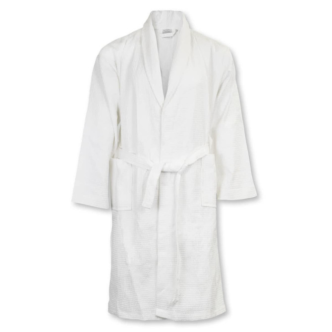 A white waffle bathrobe featuring a tied waist and long sleeves, with a logo on the neckline.