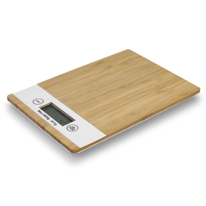 A bamboo kitchen scale with a digital display and buttons, featuring a natural wood finish. It has a logo on it.