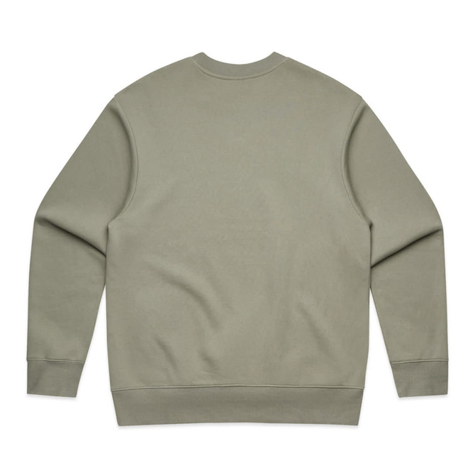 A sage green jumper with a crew neck and long sleeves, featuring a plain back design and a small logo.