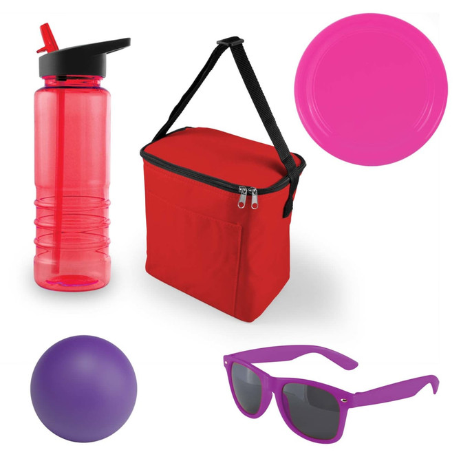A red cooler bag, a pink drink bottle, a purple ball, a purple pair of sunglasses, and a pink frisbee.