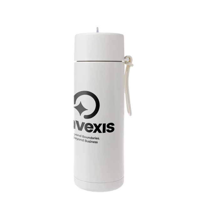 A white drink bottle with a logo, featuring a secure lid and a carrying strap.