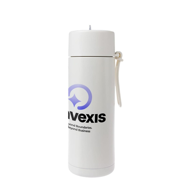 A white insulated drink bottle with a logo, featuring a secure lid and a convenient carry strap.