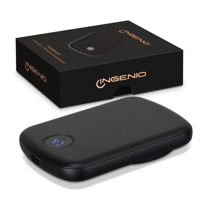 A black wireless charging power bank with a sleek design, accompanied by a matching box featuring a logo.