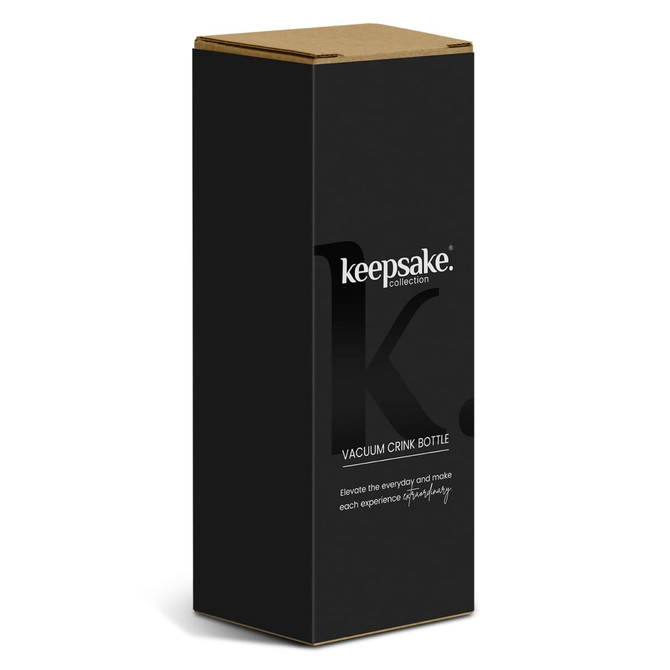 A black boxed vacuum drink bottle featuring a logo and a minimalist design. The box has a cardboard top.