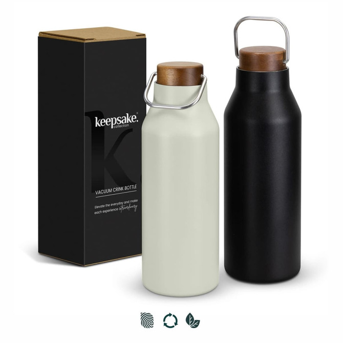 A drink bottle set featuring a cream and a black vacuum cork bottle, accompanied by a simple box with a logo.