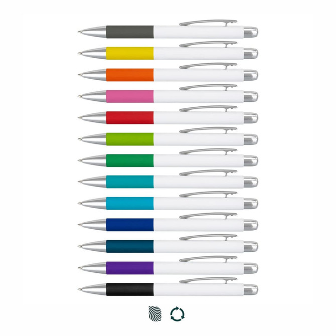 A collection of metal pens in various colours, featuring white barrels and silver accents, arranged in a row.