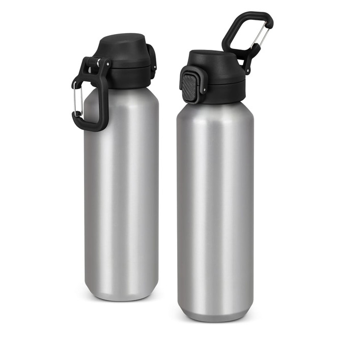 A drink bottle made of recycled aluminium, featuring a silver finish and a black lid with a carrying handle.