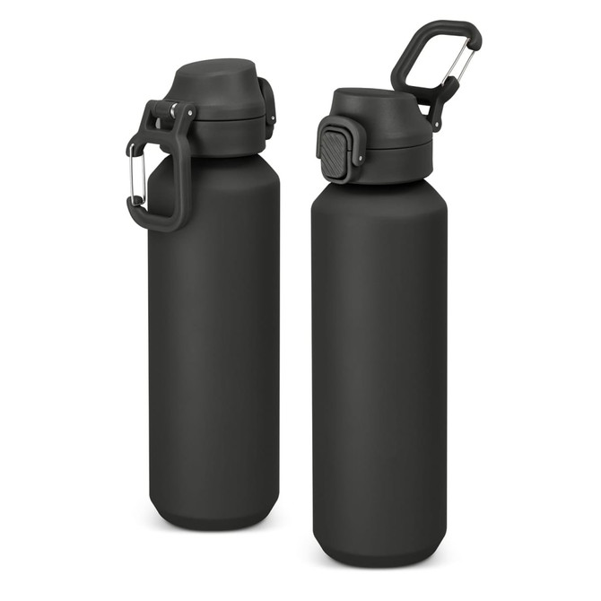 A drink bottle made from recycled aluminium in a matte black finish, featuring a screw cap and a carry handle.