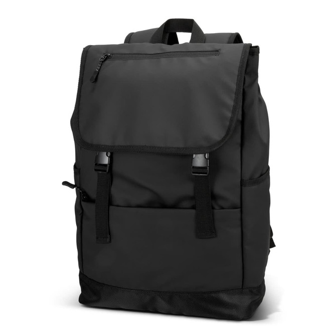 A black soft-touch backpack featuring adjustable straps and a front zip pocket, with a logo on the front.