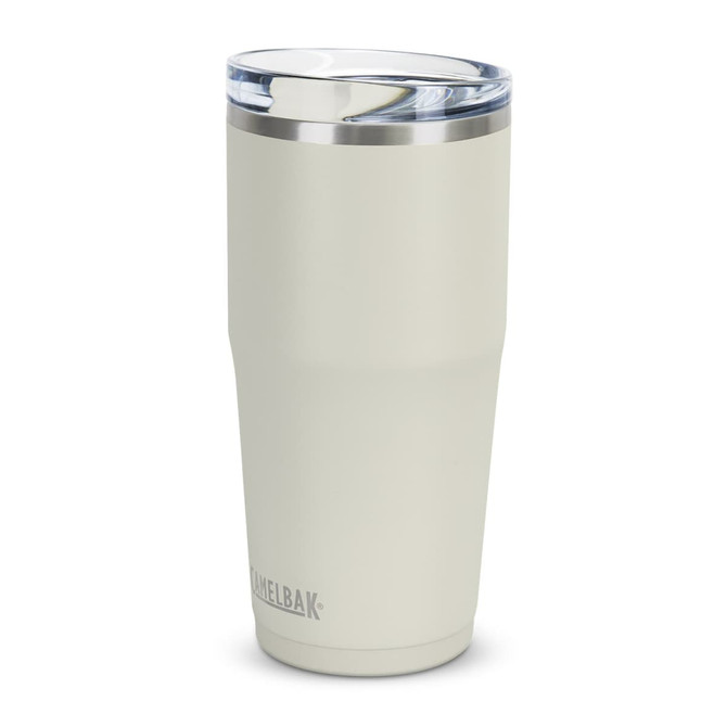 A drink bottle in light grey with a stainless steel lid, featuring a logo. It's designed for drinks and has a 600ml capacity.