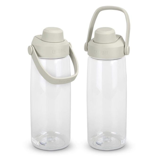 A drink bottle with a clear body and a grey lid, featuring a handle and an attached cap.