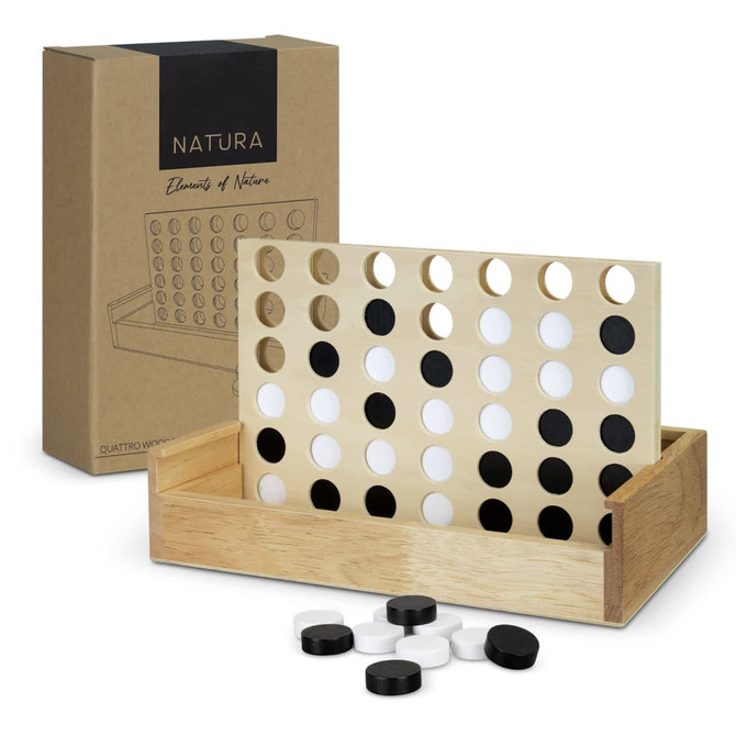 A wooden four-in-a-row game with black and white pieces, displayed with its box.