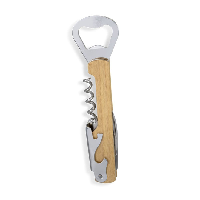 A wooden wine waiters knife in natural wood and silver, featuring a bottle opener, corkscrew, and knife.