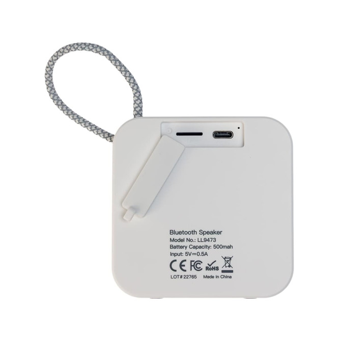 A white Bluetooth speaker featuring a looped strap, USB-C port, and branding on the back.