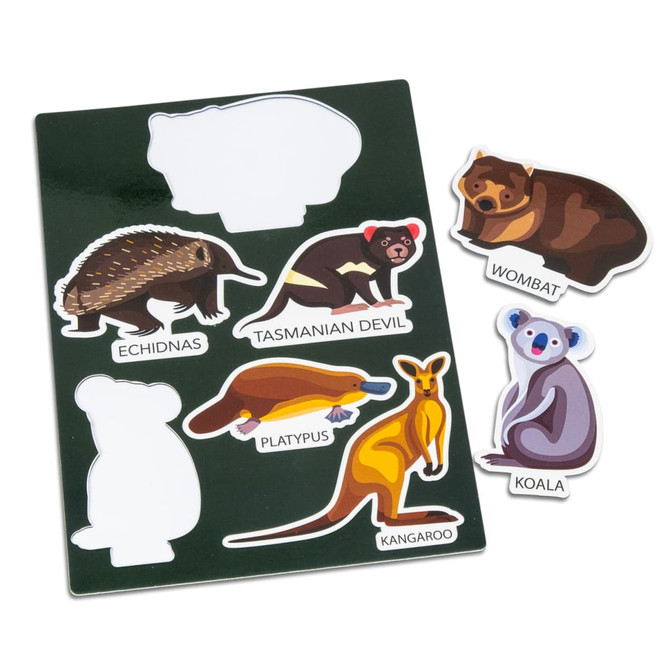 A custom die cut magnet sheet featuring colourful Australian animals: echidna, Tasmanian devil, wombat, platypus, kangaroo, and koala.