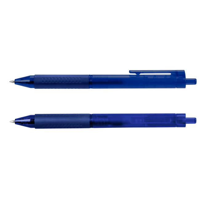 A blue gel pen set featuring two different styles, both with a smooth grip and a subtle branding logo.