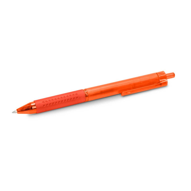 An orange Flow Gel Pen with a textured grip and a clip on the side. It features a sleek design and shiny details.