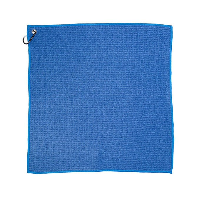 A blue travel towel with a textured fabric and a hanging loop. It has a simple design and features a logo.