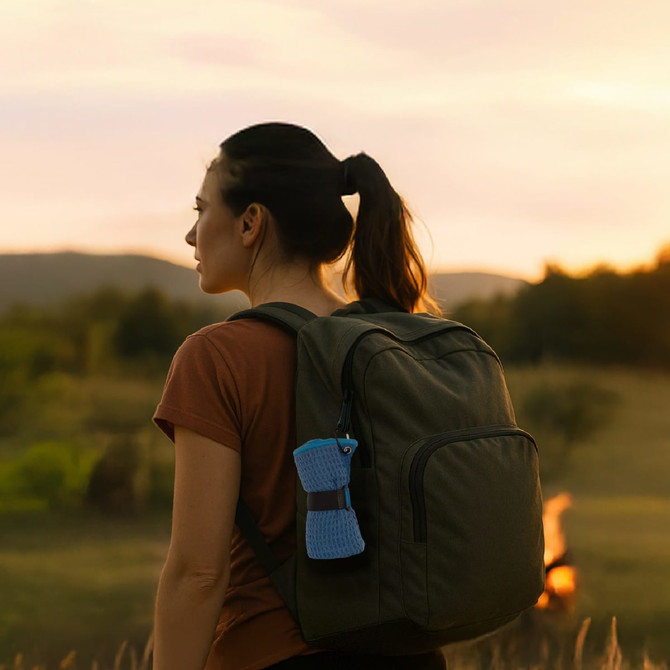 A woman with a ponytail wearing a brown shirt and a green backpack stands outdoors with a blue Rhino Travel Towel attached.