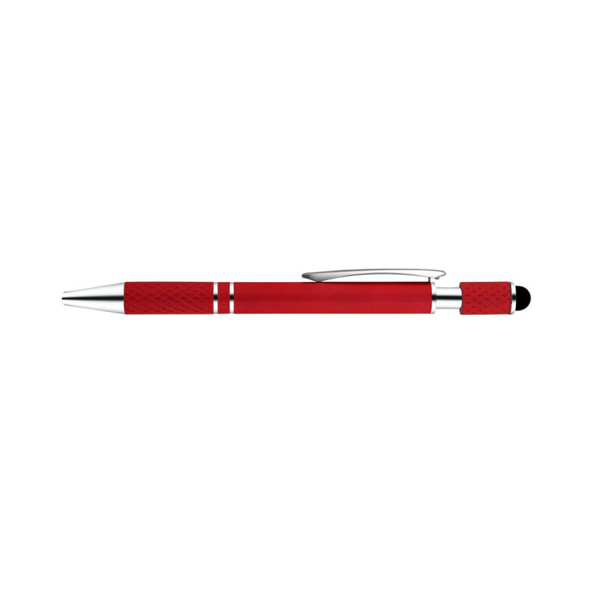 A red spinner pen with silver accents and a textured grip, featuring a clip and a logo.