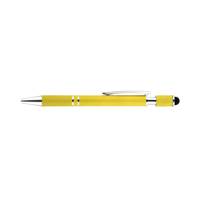 A yellow pen with a sleek design, featuring a silver clip and a grip section. It has a logo on the body.