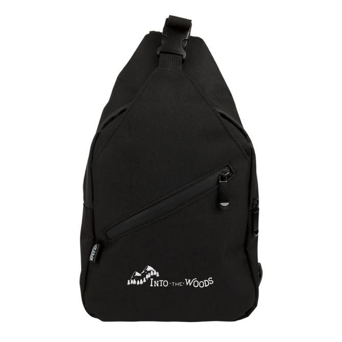 A black Sling RPET travel bag with a zippered pocket and a logo on the front.
