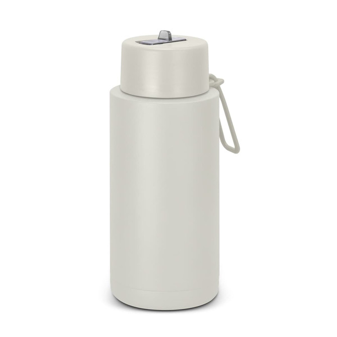 A drink bottle featuring a sleek design in light grey, with a silver cap and a small loop for easy carrying.
