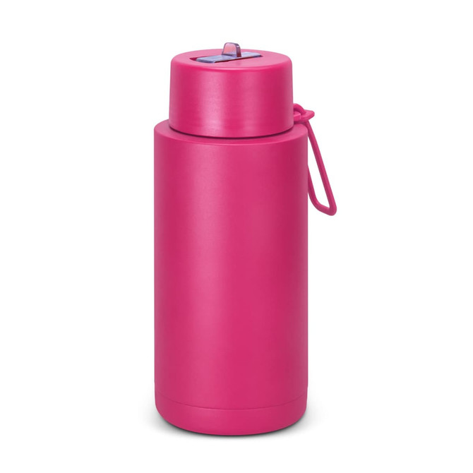 A drink bottle in vibrant pink, featuring a lid with a spout and a loop for easy carrying, includes a logo.