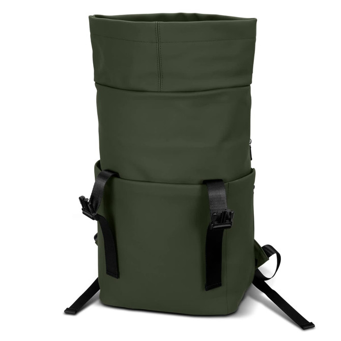 A dark green soft-touch flap backpack featuring adjustable straps and an exterior pocket. It has a sleek, modern design.