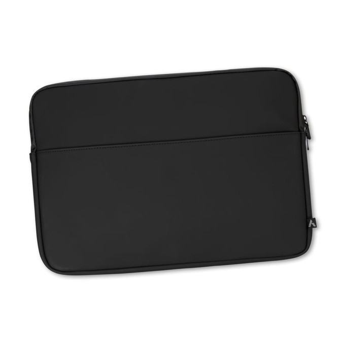 A soft-touch black laptop sleeve with an exterior zip pocket and a subtle logo.