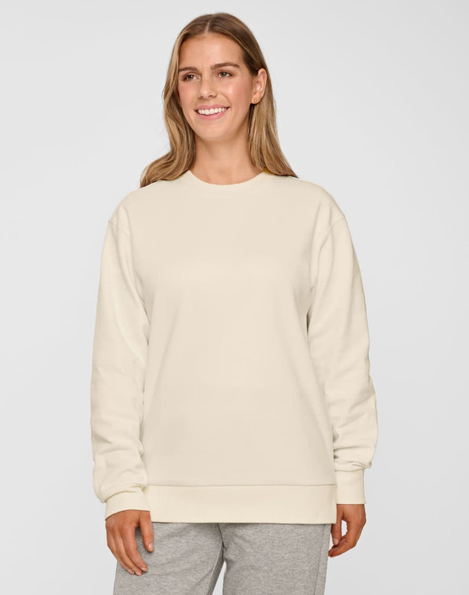 A unisex airlayered CVC crew neck sweater in light beige, featuring a relaxed fit and long sleeves.