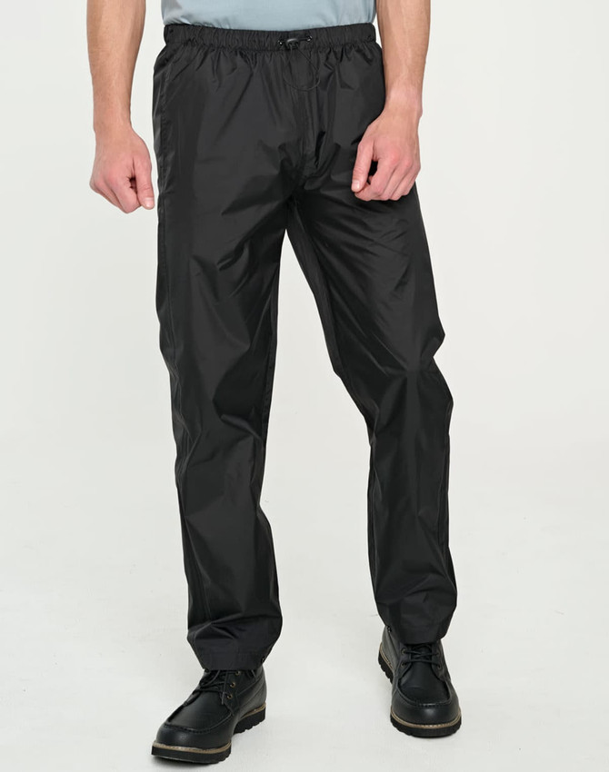 Lightweight black nylon waterproof rain pants with an elastic waistband and side pockets, featuring a logo.