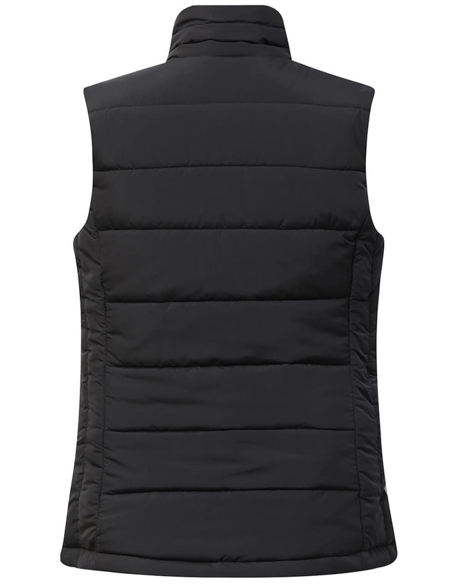 A black ladies' sustainable insulated puffer vest with a 3D cut, featuring a smooth, quilted design and no sleeves.