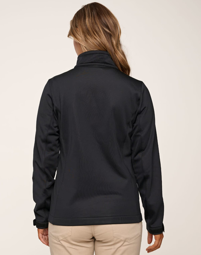 A black ladies' sustainable softshell corporate jacket displayed from the back, featuring a smooth, fitted design.