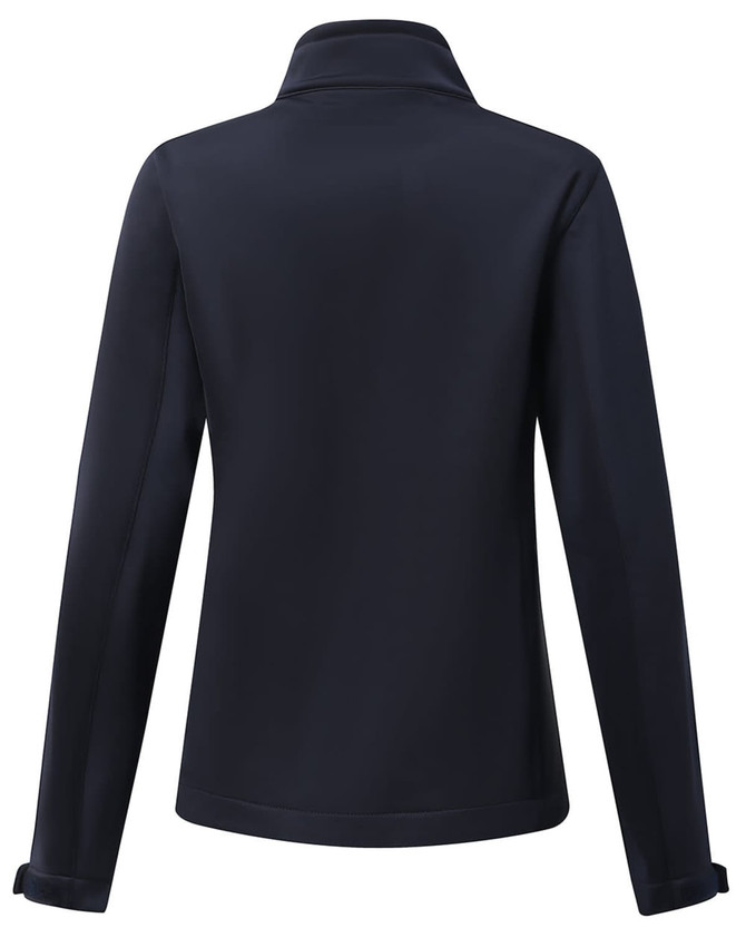 A navy ladies' sustainable softshell jacket featuring a collar and long sleeves, with a plain back and no visible branding.