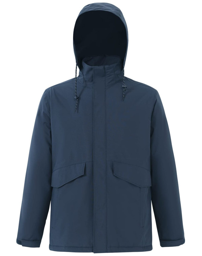 A unisex quilted waterproof jacket in navy blue with a hood and front pockets. Features a logo on the chest.