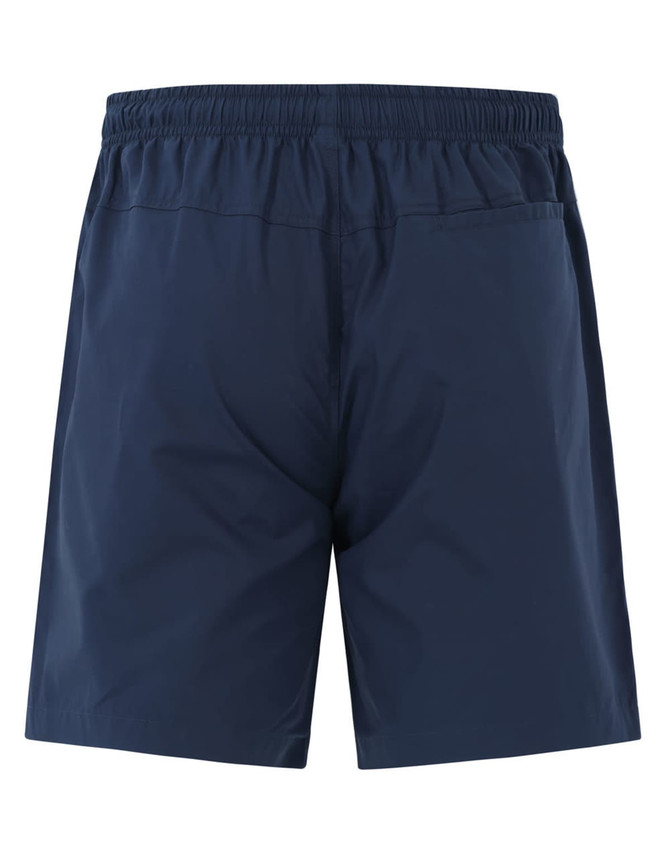 Navy unisex shorts made from mercerised cotton, featuring an elastic waistband and a back pocket. Includes branding.