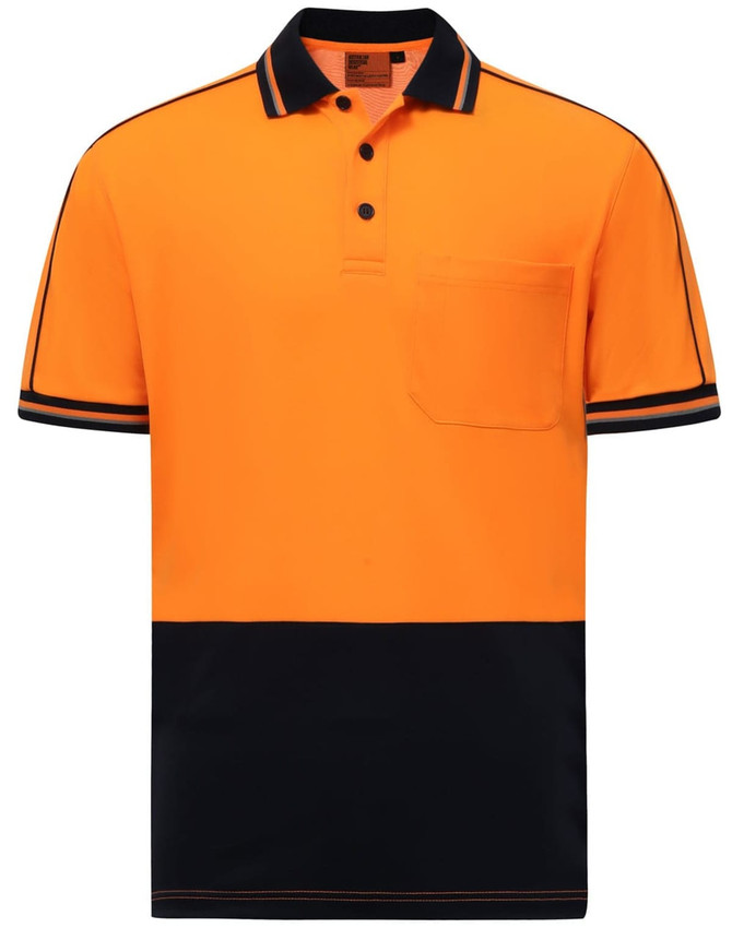 Hi-Vis short-sleeve polo in vibrant orange with a black lower section and trim, featuring a pocket and a logo.